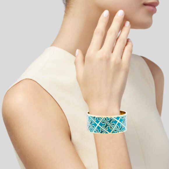 Tory Burch Enamel Logo Printed Wide Cuff Bangle Bracelet Gold/Blue - Picture 1 of 4